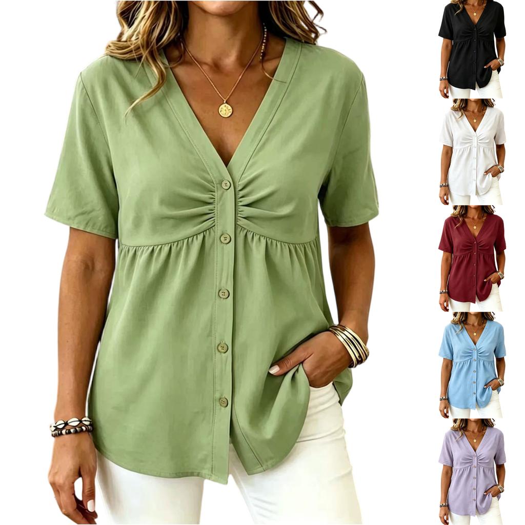 Women's V Neck Button Front Loose Fit Short Sleeve T Shirt Top Casual Lightweight Summer Blouse