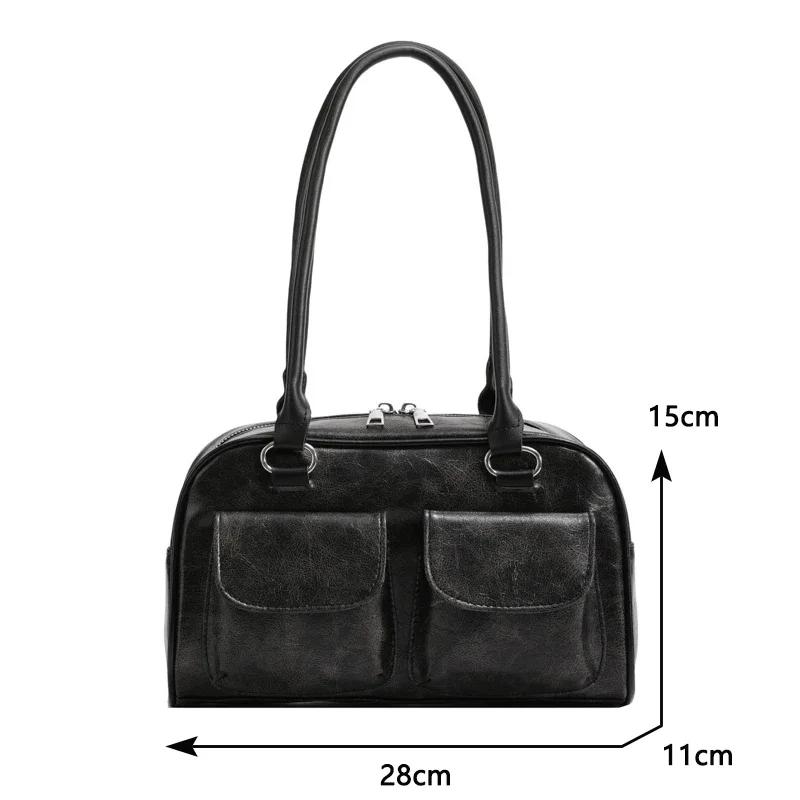 Korean Fashion Womens Shoulder Bag Soft Suede With Pu Leather Bowling Handbag Casual Luxury Vintage 2024 New Boston Tote Bag