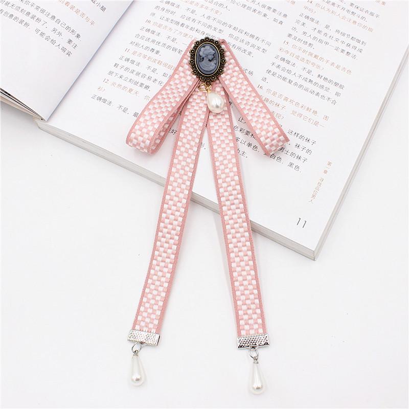 Girls Lapel Plaid Bow Tie with Japanese Style Flower Ornament and Pearl Pendant розовый