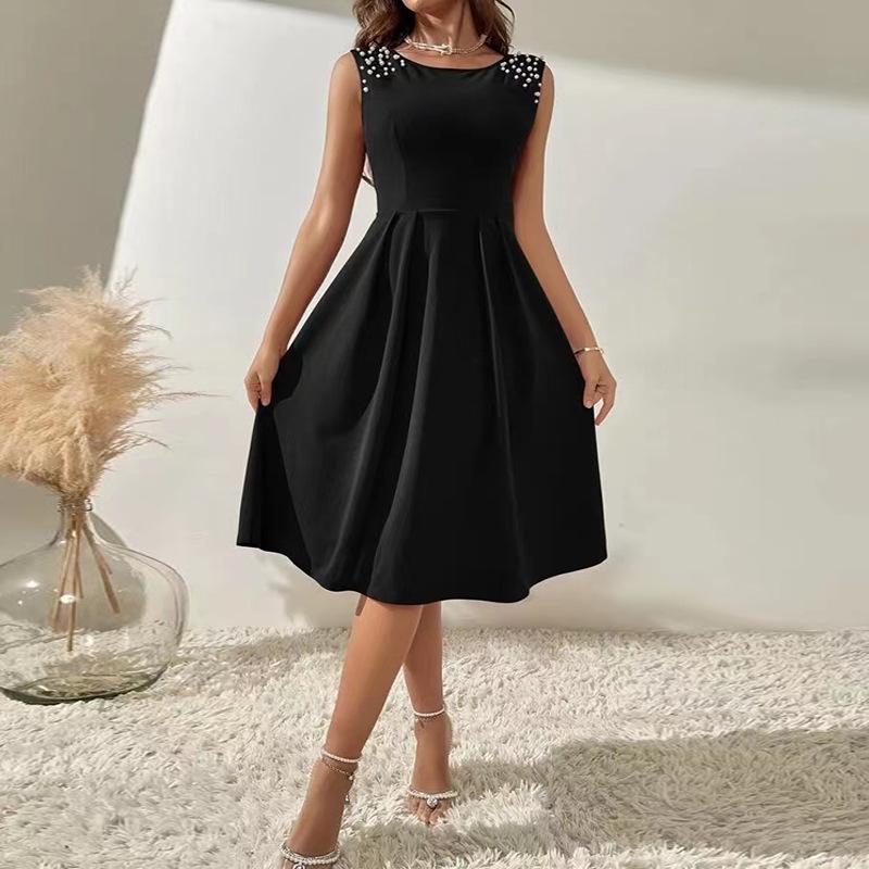 

2024 Summer Women s Sleeveless Beaded Slimming Round Neck Dress Extra Large чёрный
