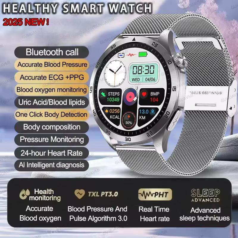 New Expert Health Smart Watch Men Uric Acid Blood Fat Blood Pressure ECG+PPG Heart Rate HD Bluetooth Call Sport Watch for IOS Android
