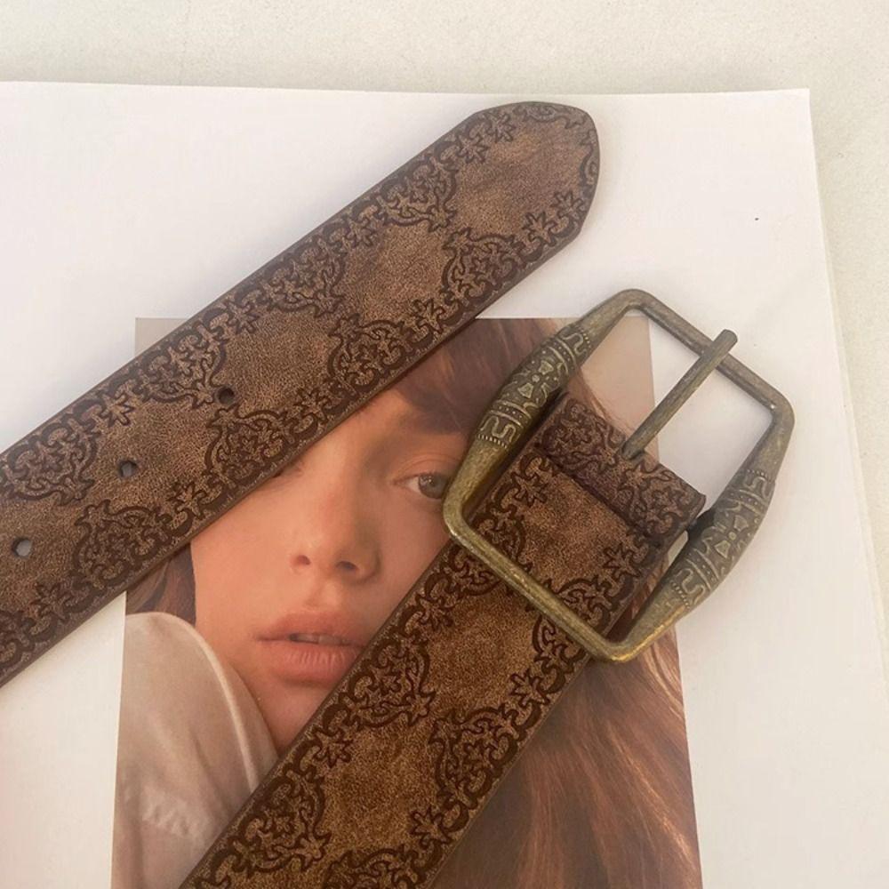 Ethnic Style Retro PU Leather Belt Flower Trouser Decoration Adjustable Y2k Style Waist Belt  Daily