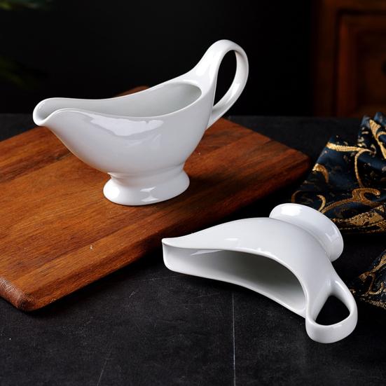 White Ceramic Gravy Boat Sauce Server with Large Pour Spout Non-Slip Bottom Gravy Dispenser for Gravy Salad Dressings