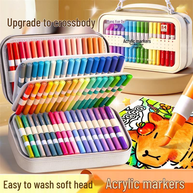 Large Capacity Washable Acrylic Marker Set with Soft Tip and Paint Brushes for Kids' Art Class
