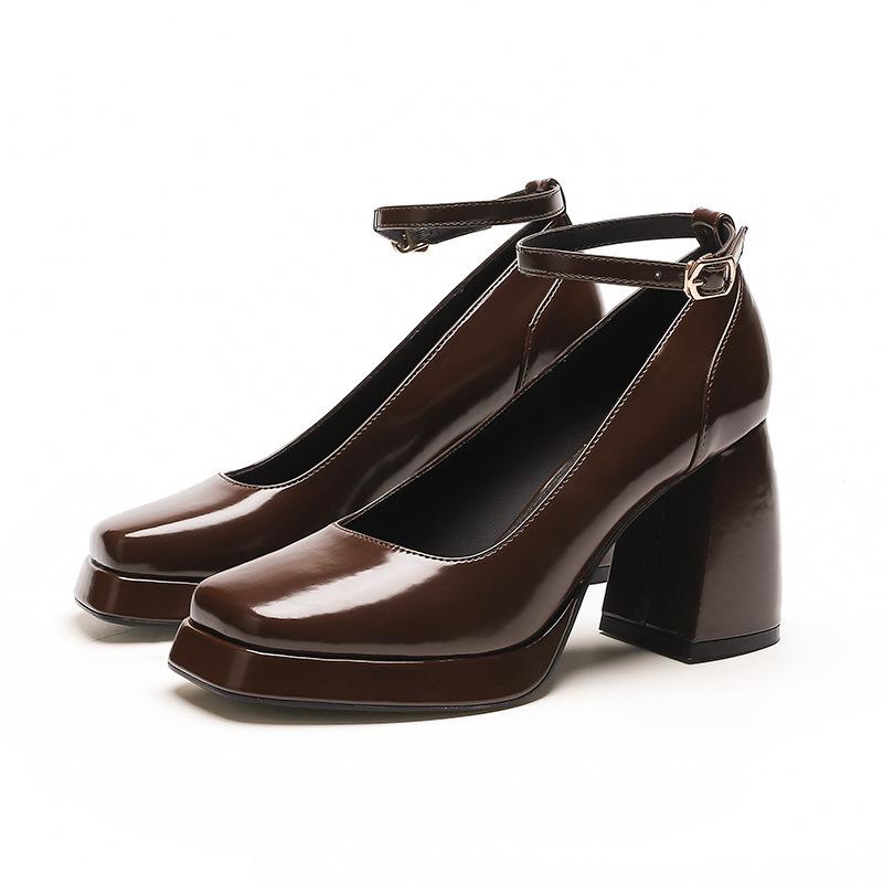 9-Mary Jane Shoes Autumn New Fashion Thick Heel One-word Buckle with Square Head Waterproof Table High Heels