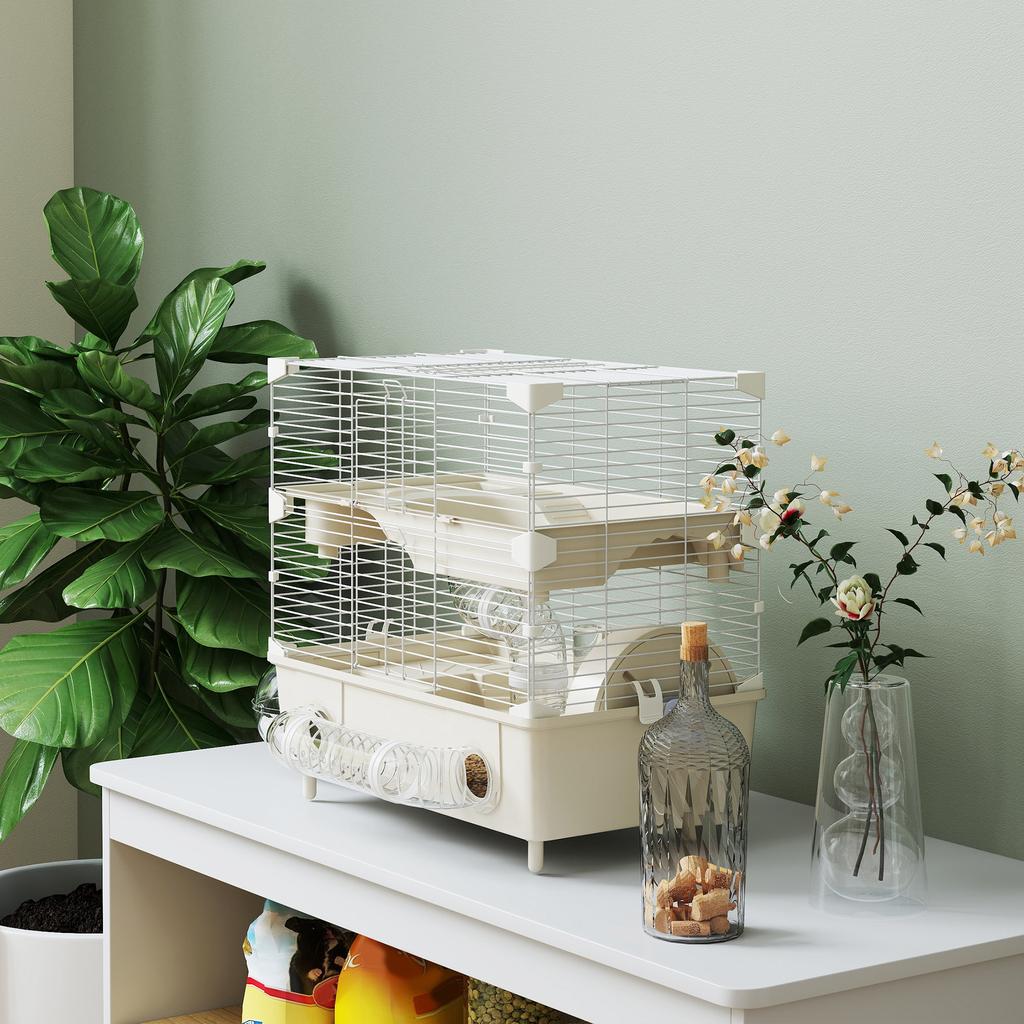 2-Tier, 3-Door Hamster Cage with Wheel and Tubes, Steel, PS and PP, 44.5x28x44 cm, Cream and White