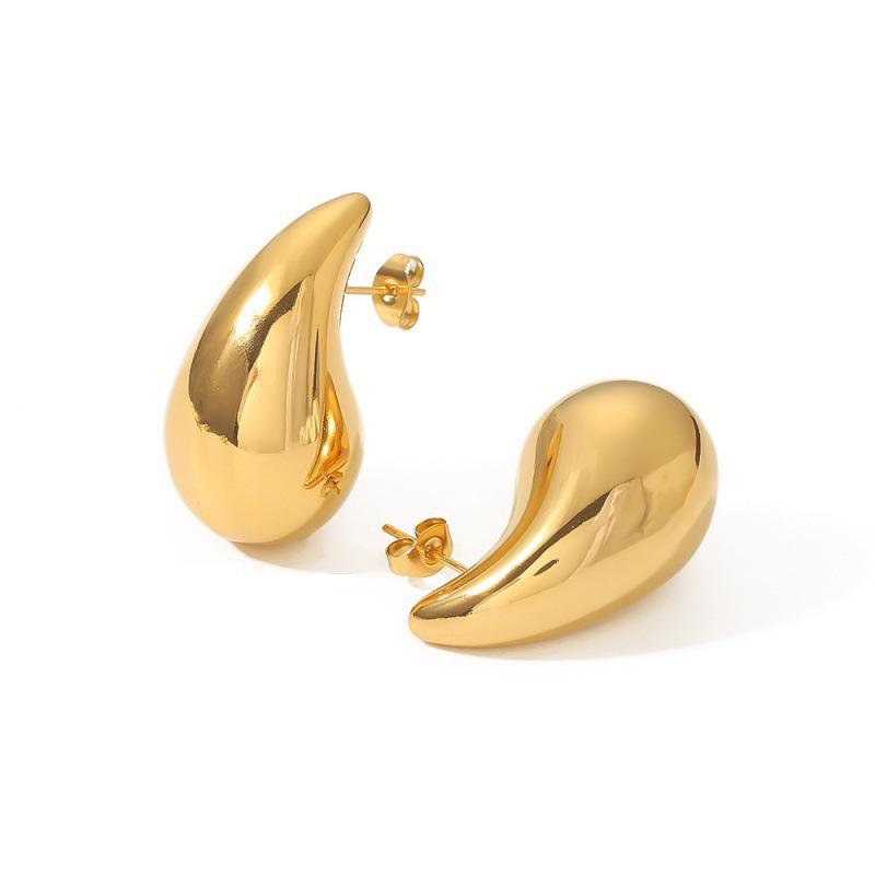 Stylish Women’s Jewelry Set: Stainless Steel Hollow Teardrop Necklace, Gold Stud Earrings, Titanium Steel Bracelets, and Rings.