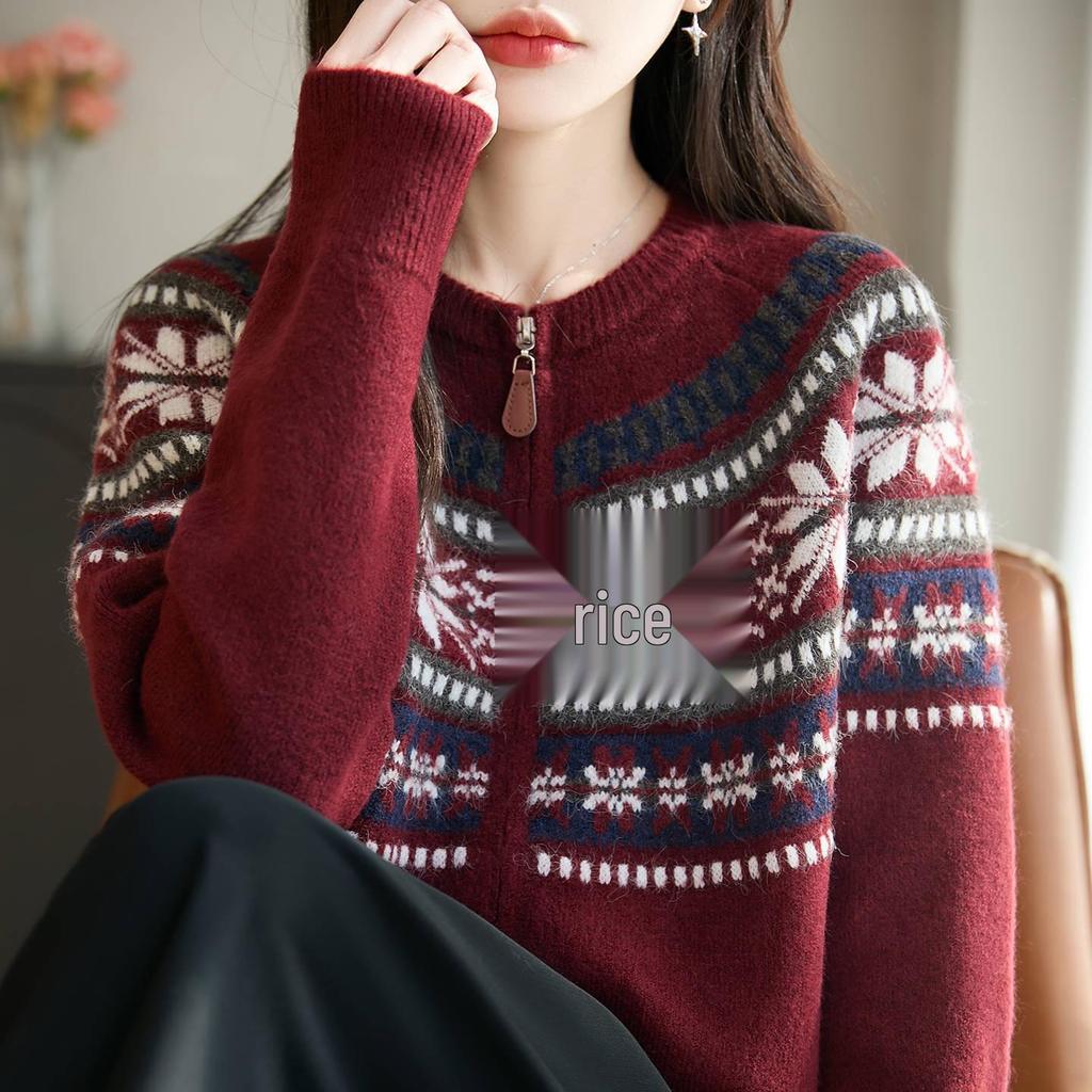 Women's Fair Isle Retro Jacquard Knit Cardigan Sweater - Double Zipper, Warm, Trendy Red Coat