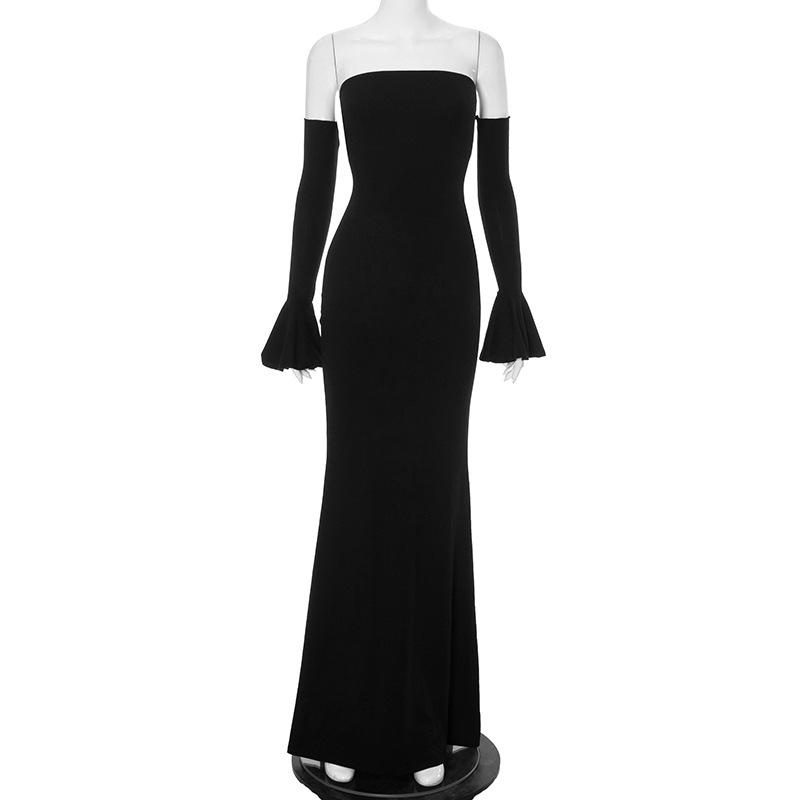 Women's Off Shoulder Flare Long Sleeve Mermaid Maxi Dress Solid Color Bodycon Evening Party Gown