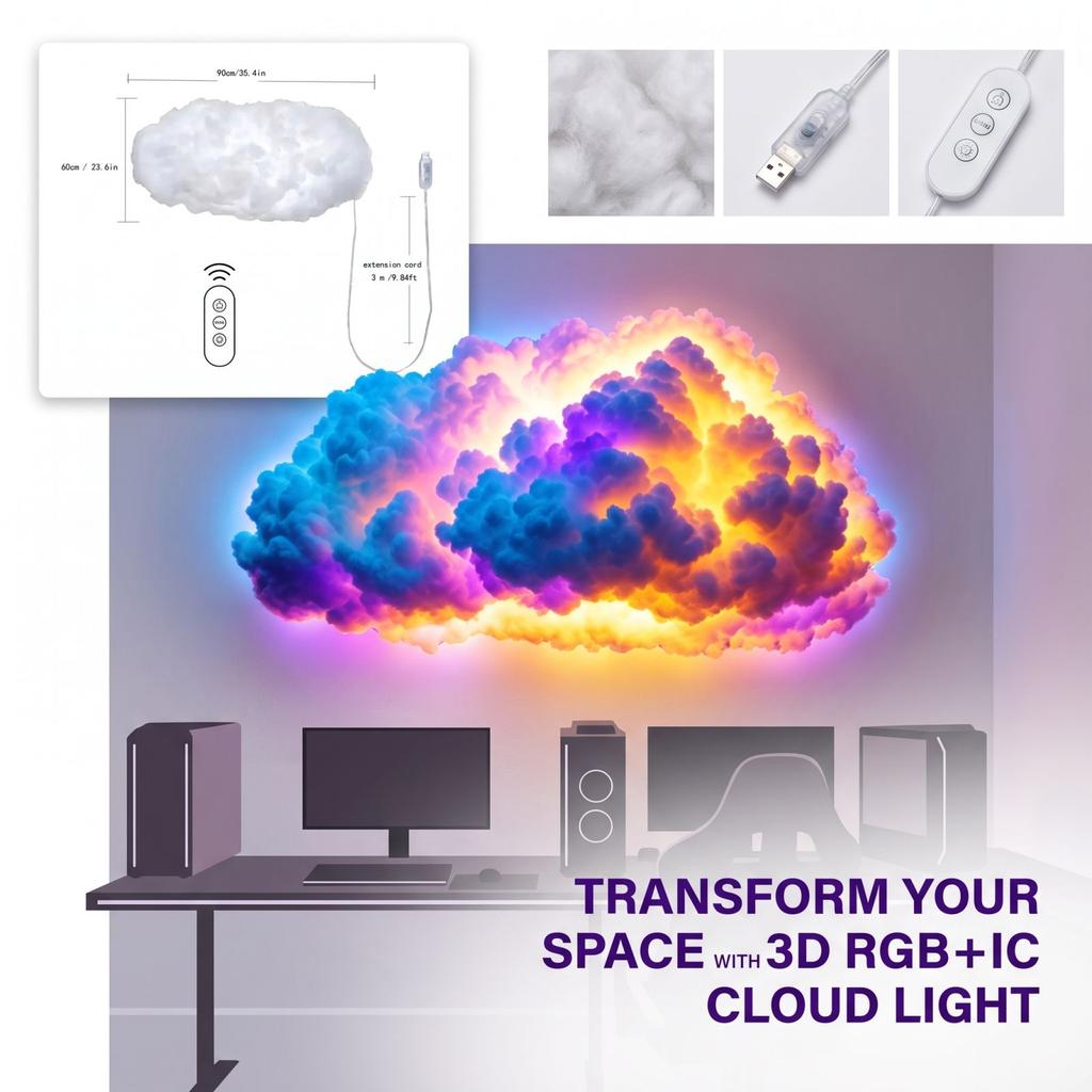 3D Cotton Cloud Ceiling Light with Effect and Remote Control, Room Decor, 2 Sizes Available