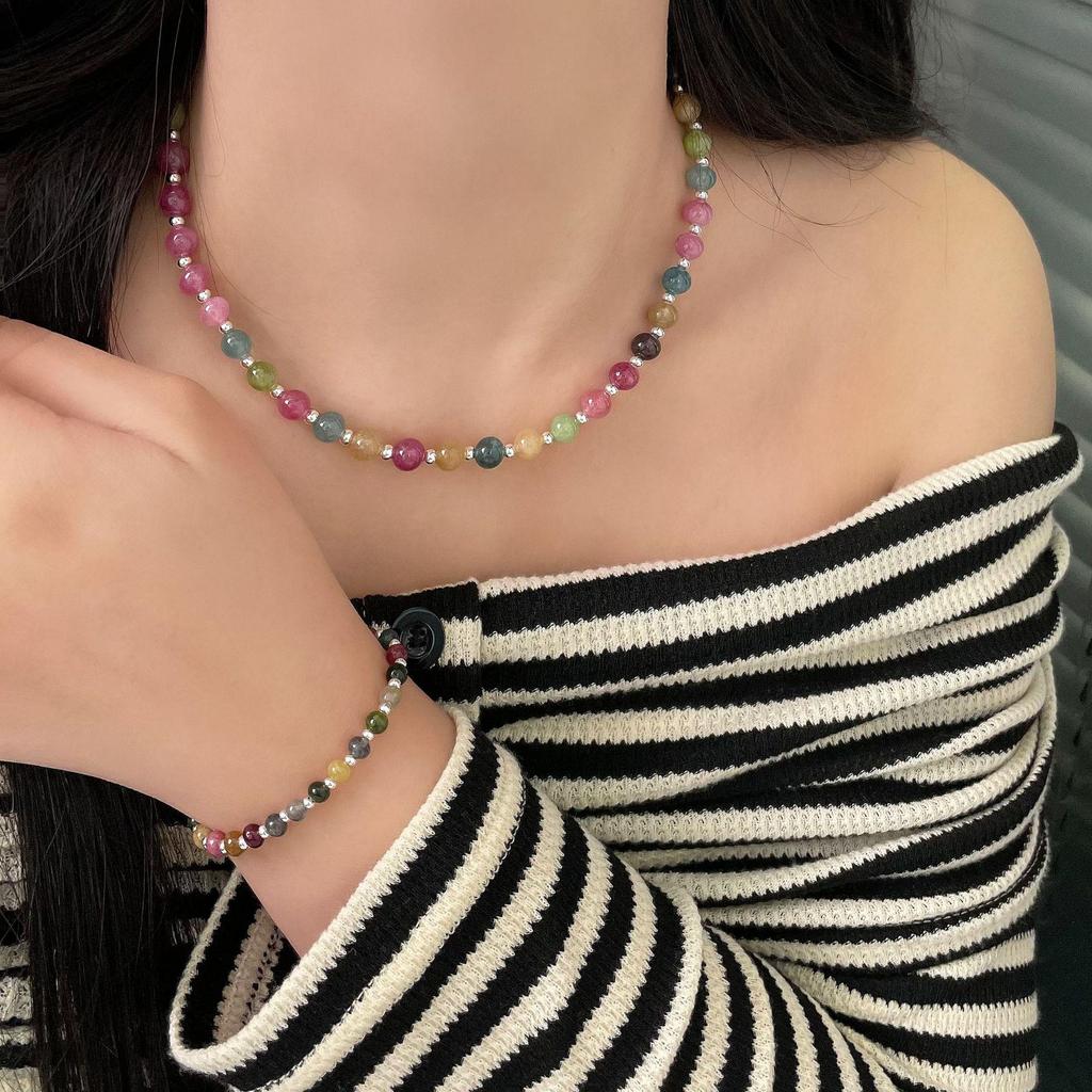 S925 Sterlingsilber Jade & Turmalin Perlenarmband Halskette - Damen High-End Leichter Luxus Design