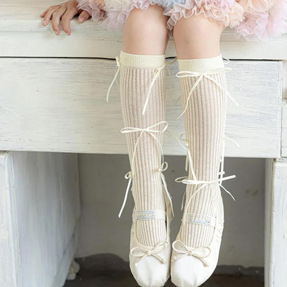Ribbon Bow Balletcore Socks Solid Color Thin Stockings Comfortable Mid-Tube Hosiery  Women