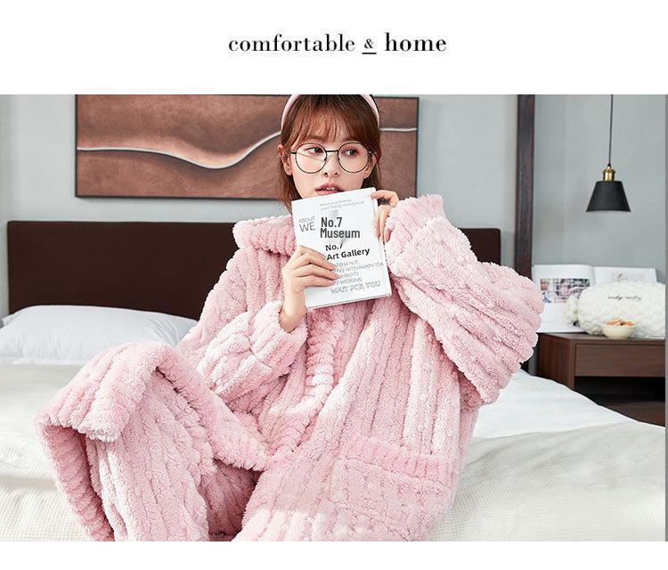 Women's Thickened Flannel Pajama Set - Coral Fleece Long Robe for Autumn/Winter