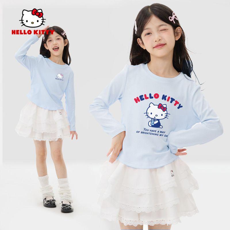 Hello Kitty Girls' Autumn Outfit Set, Stylish Children's Autumn Clothes, Long-Sleeved T-Shirt and Skirt for Older Girls, Trendy