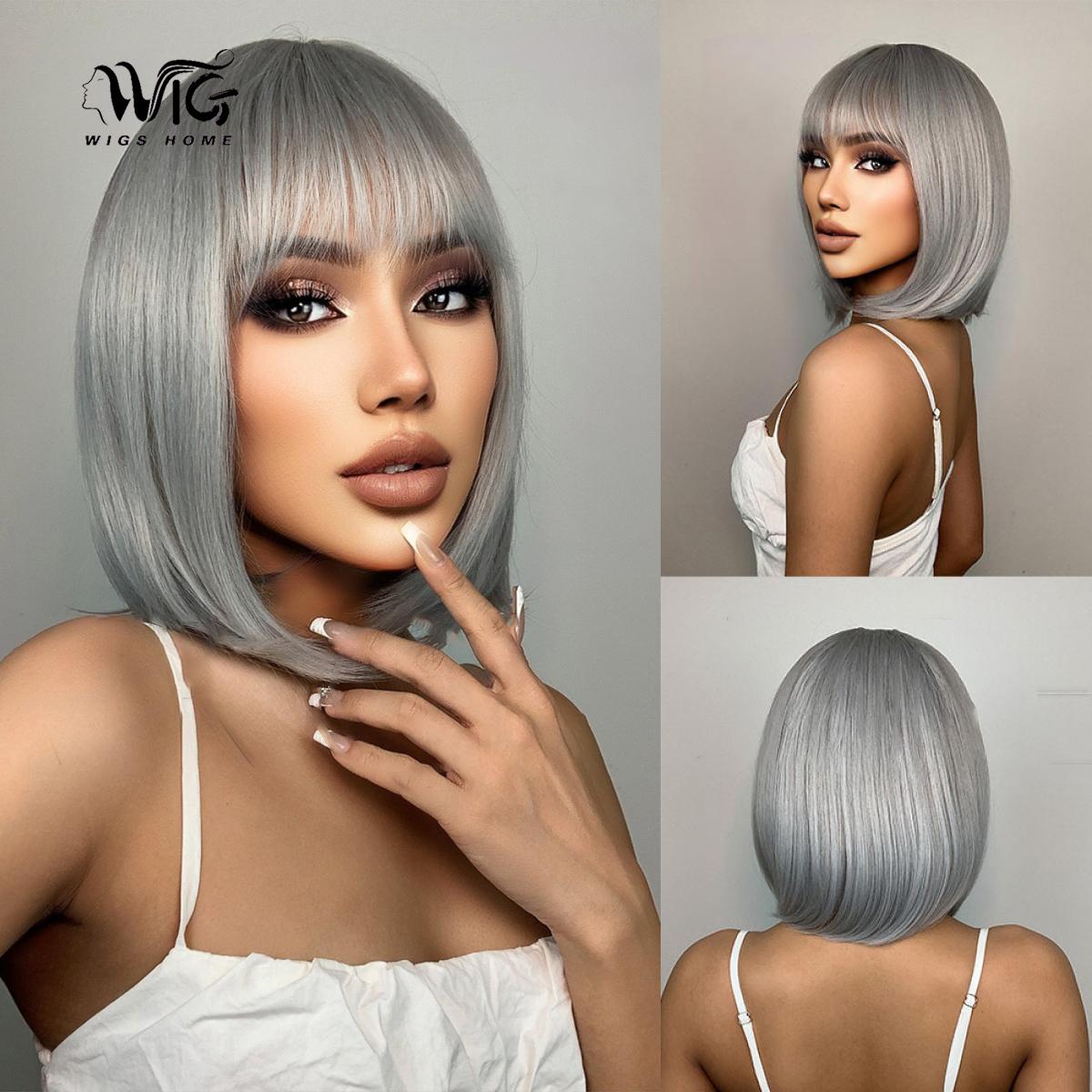 

Женский искусственный парик, волосы 36 см, серебристо-серый парик, короткий прямой парик, полное покрытие головы, сетка для волос в виде розы, головной убор, украшение для красоты, парик