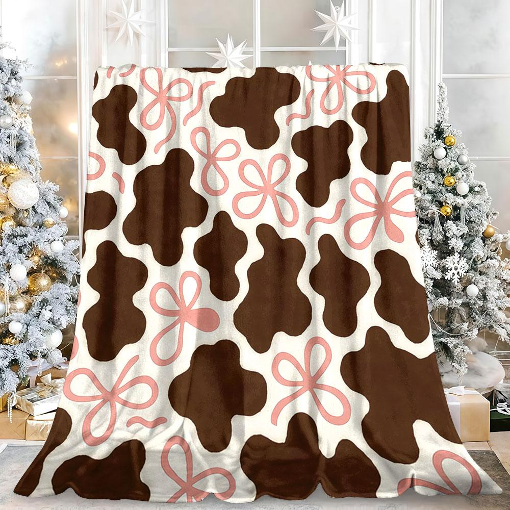 Cow Print With Pink Bows Winter Summer Flannel Blanket Throw Fleece Soft Fuzzy Plush Cozy Fleece Blankets For Sofa Ideal Gifts