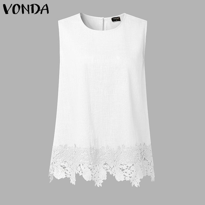 

VONDA Women O Neck Sleeveless Back Bow Lace Crochet Patchwork Casual Tank Tops M