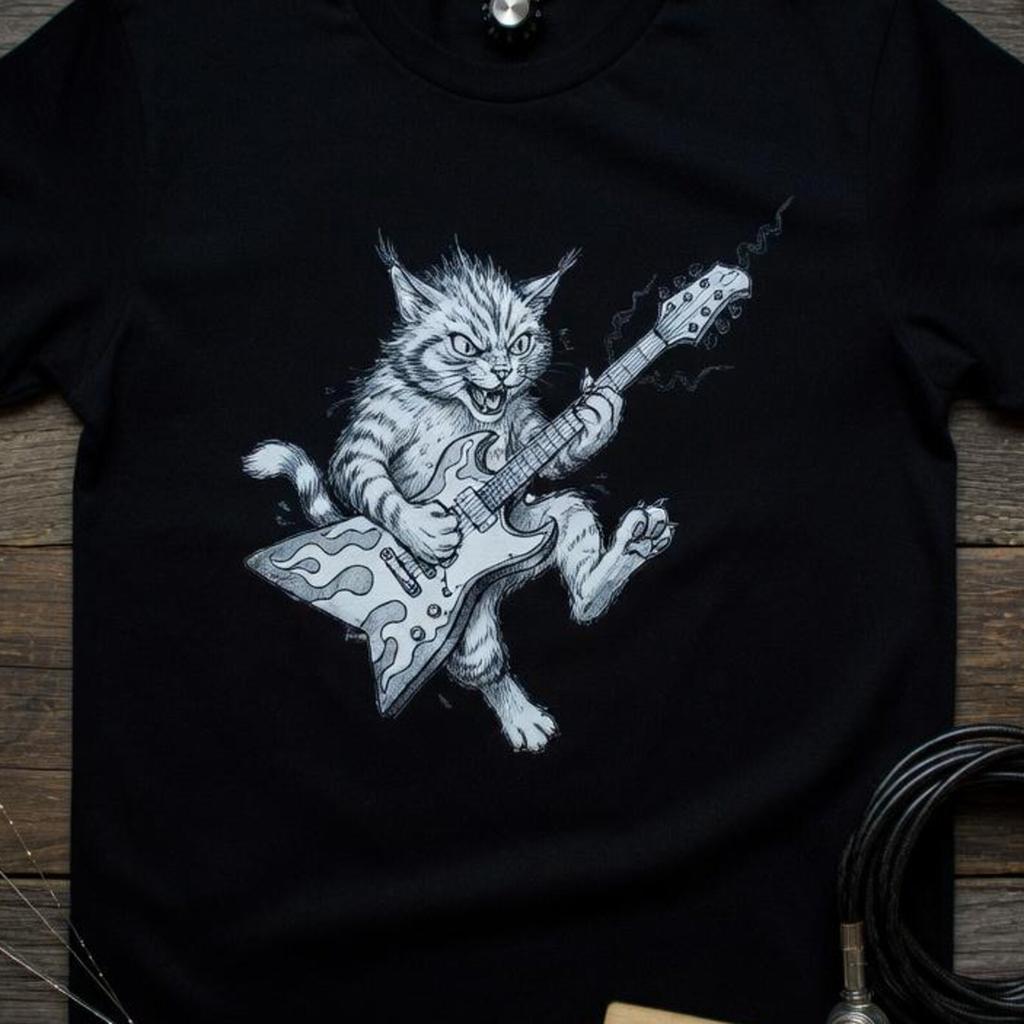 Rock Cat Electric Guitar T Shirt, Funny Music Graphic Tee, Cat Lover Musician Top, Cool Black Unisex Tshirt, Heavy Metal Band