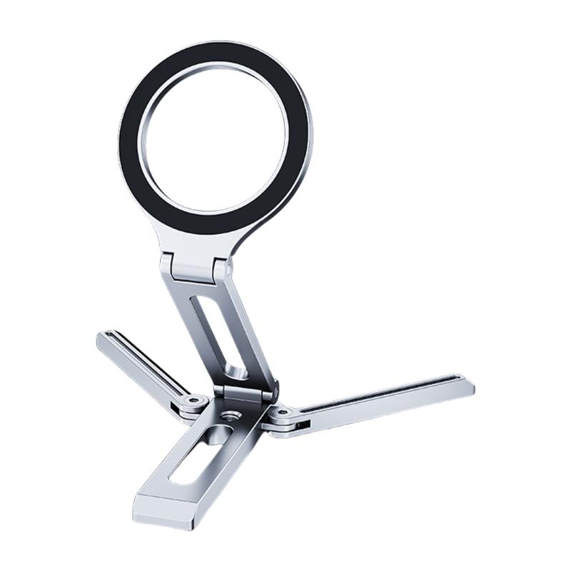 

Space Saving Aluminum Phone Holder Support Rack With Magnetic Folding Feature For Various Setting Easy Transport and Use серебряный