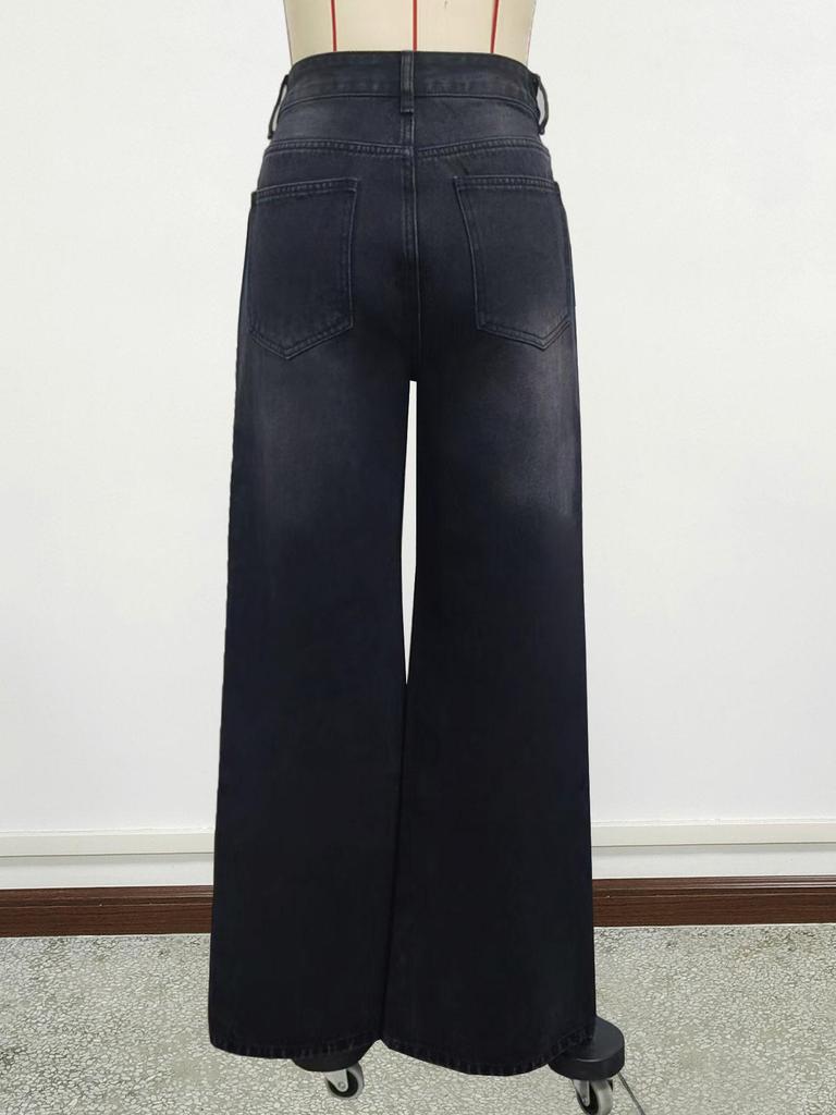 Women's Riveted Black Washed Denim Jeans - Casual Loose Straight Leg Pants for Spring/Summer