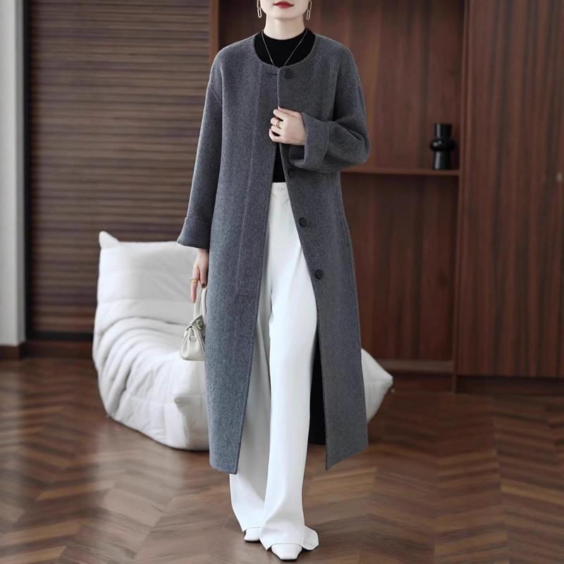 Women's Extra Long Double-Faced Wool Coat - Round Neck, Chinese Style