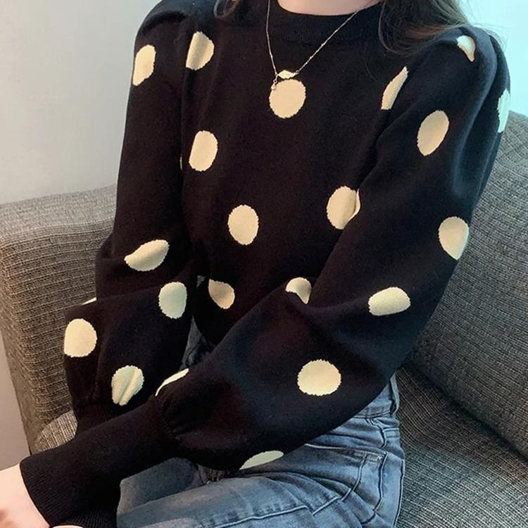 Autumn Polka Dot Puff Sleeve Knit Sweater - Slim, Versatile, Round Neck Style