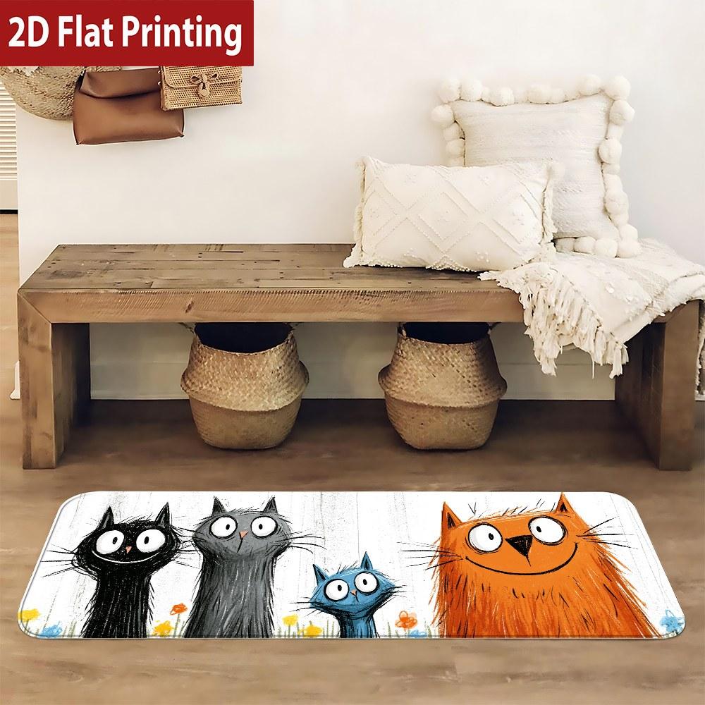 Cute Cartoon Multicolor Cats Print Bath Mat, Non-Slip Washable Durable Runner Rug for Bathroom Kids' Whimsical Home Decor