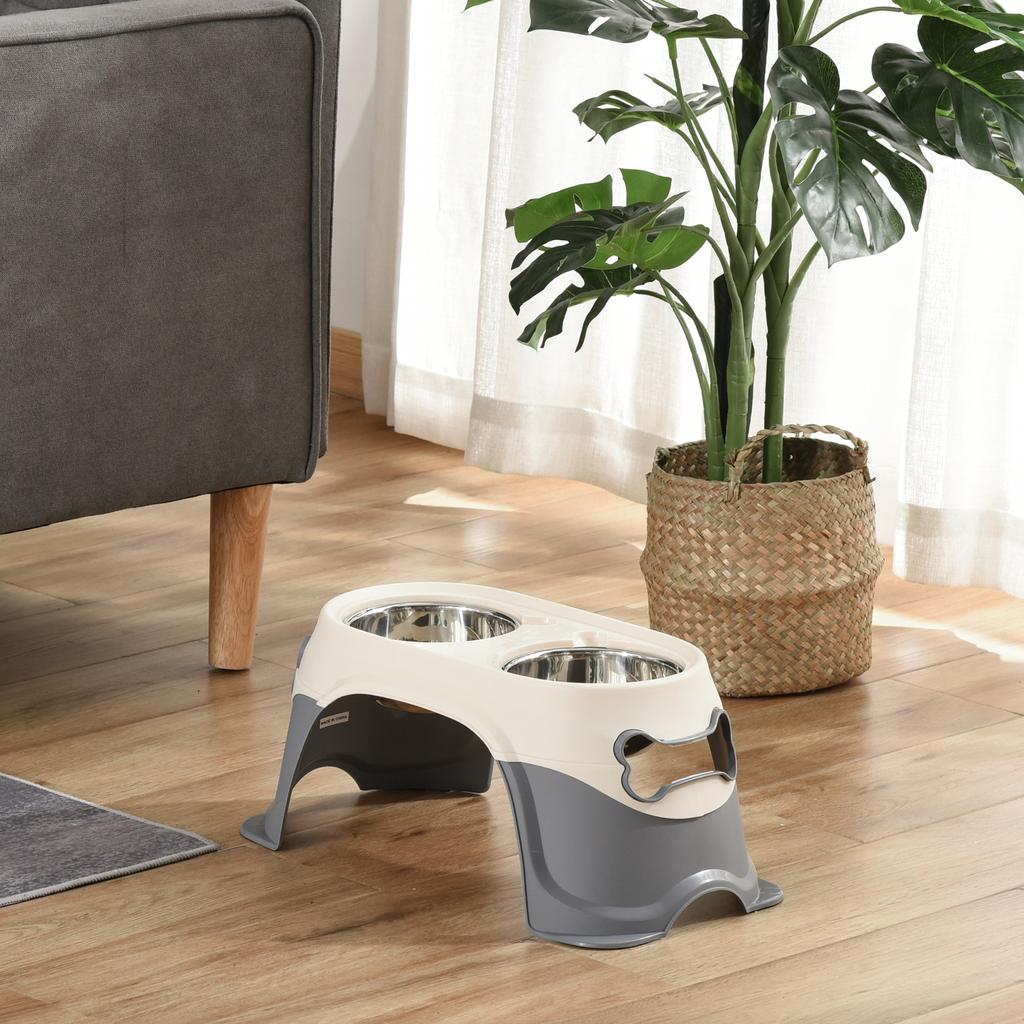 Double Raised Dog Bowl In Stainless Steel and Plastic with Non-Slip Feet, 47x25x20cm, White and Grey