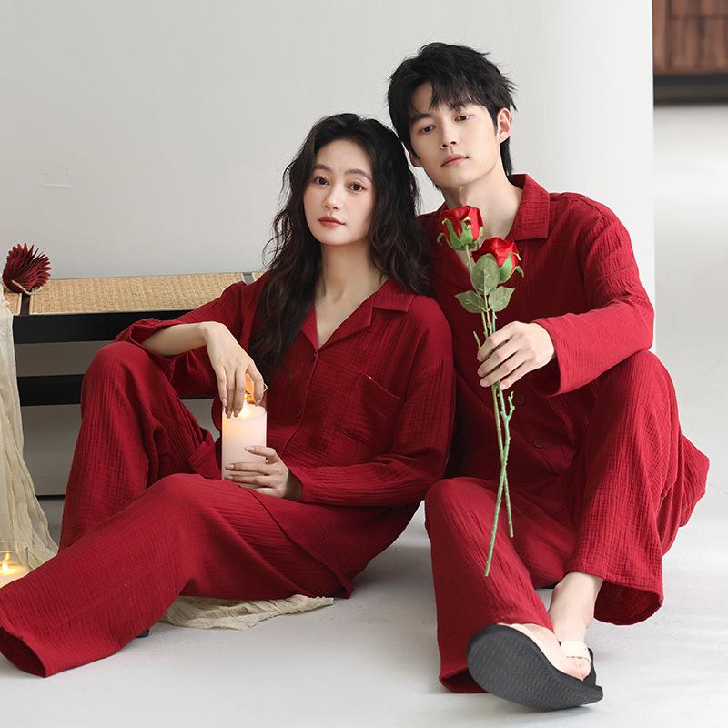 Red Wedding Couple Pajamas: Women's Spring & Autumn Baby Cotton Long Sleeve 2025 Zodiac Year Double Layer Gauze Set