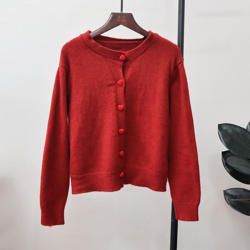 Autumn and Winter New Love Buckle Knitted Cardigan Round Neck Lazy Style Temperament Soft Waxy Sweater Jacket Women