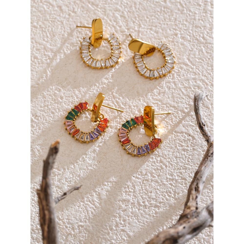 Yhpup Colorful Shiny Cubic Zirconia Geometric Daily Earrings for Women Stainless Steel Waterproof Fashion Chic Korean Jewelry