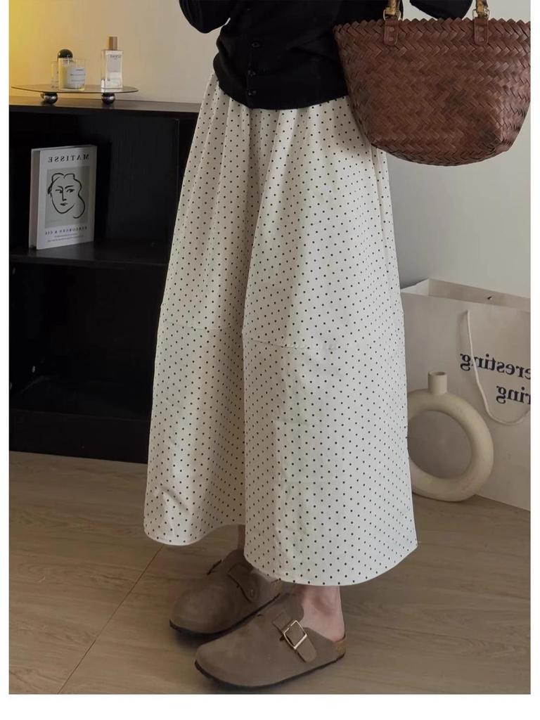 Women's Summer 2025 Navy Blue Polka Dot High-Waisted A-Line Midi Skirt