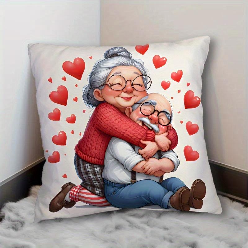 1Pc Elderly Couple Hugging With Hearts Throw Pillow Cover, Suitable For Sofa, Bedroom, Living Room, A Romantic Gift For Elders.