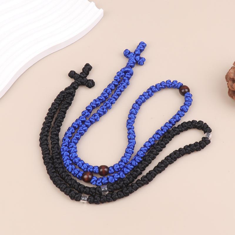 NEW Black/Blue Knot Necklace Handmade Orthodox Religous Rosary Prayer Rope Cross Jewelry Gift