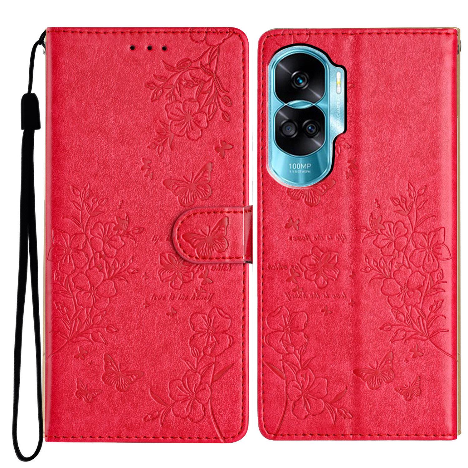 

For Honor 90 Lite 5G/X50i 5G Case Butterfly Floral Imprint Leather Phone Cover with Stand Red