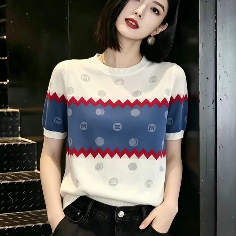 La Chapelle Korean Style Polo Neck Embroidered Knit Top