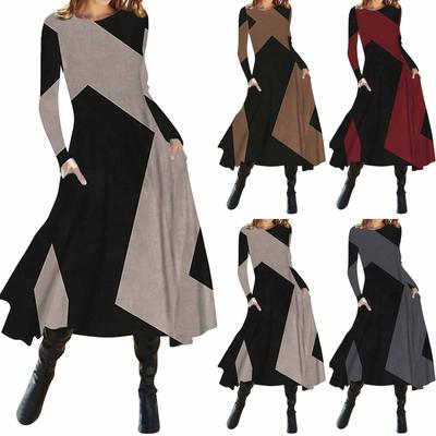 Women's Fashion Casual Printed Round Neck Pullover Slim Fitting Long Sleeve Dress