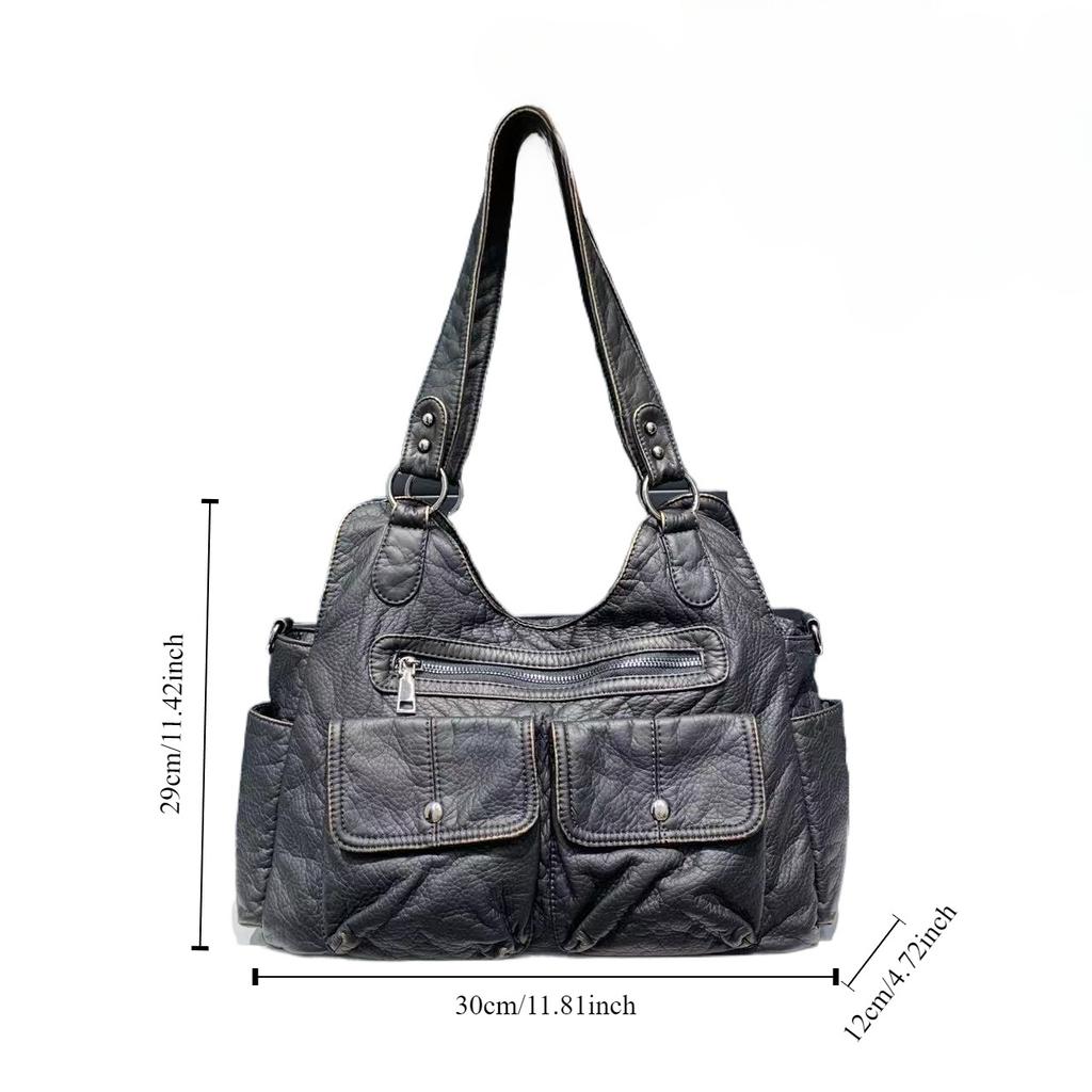 Women'S Soft Leather Washed Locomotive Bag Large Capacity Multi-Pocket Trendy Shoulder Bag