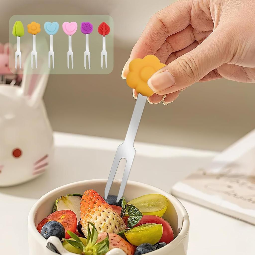 6pcs Mini Fruit Forks with Colorful Silicone Decorations - Stainless Steel, Reusable, Easy To Clean, Ideal for Desserts and Snacks, Snack Accessories