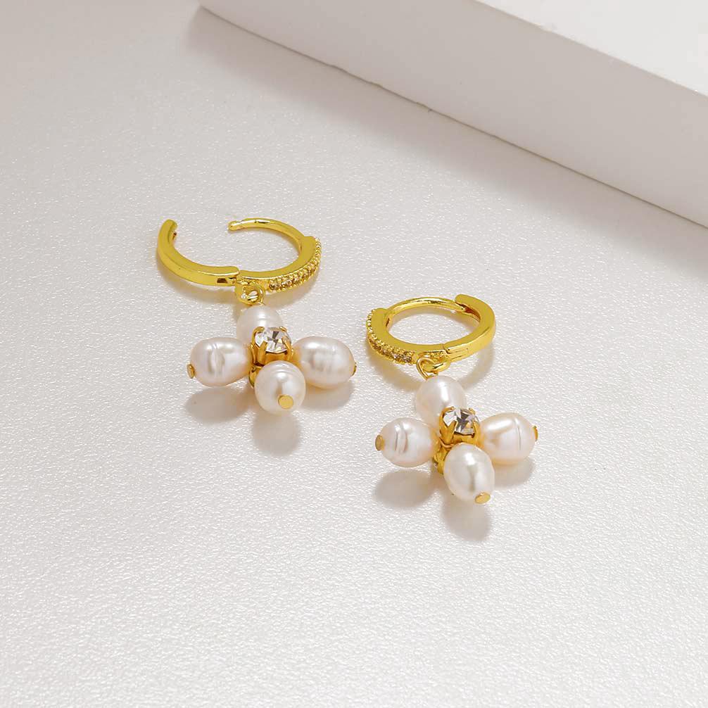 

Темперамент сладкий натуральный пресноводный жемчуг циркон цветок серьги модный и свежий ушная пряжка нишевый дизайн ухо чувствующая женщина золотой