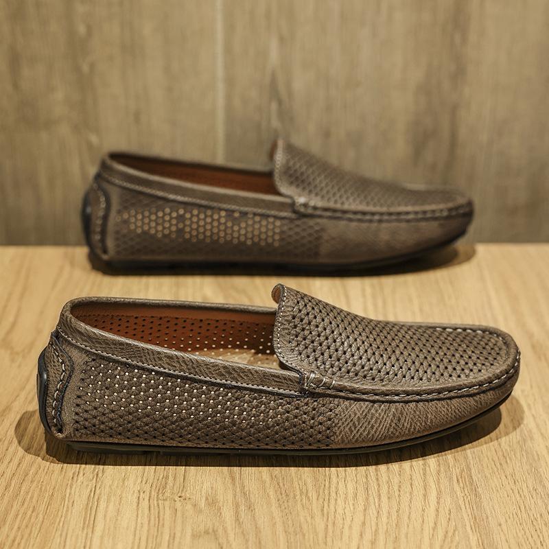 Summer Doudou Shoes Men's Single-layer Cowhide Punching Breathable Comfortable Soft Sole Lazy One-pedal Casual Loafers Men's Shoes