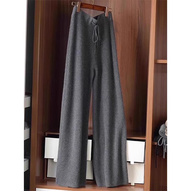 

Кашемировые трикотажные брюки широкого кроя для женщин на осень, эластичные повседневные брюки с высокой талией, свободные удлиненные шерстяные брюки в пол XL