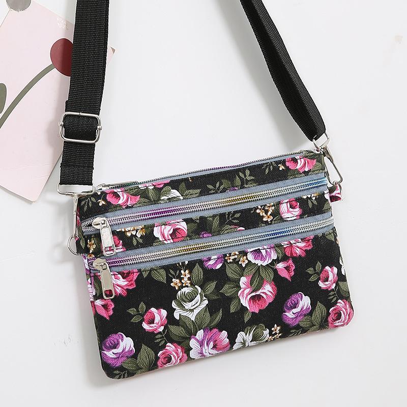 Flerlags skulderveske crossbody-veske lett blomst liten stoffveske dameveske lerret telefonveske mamaveske
