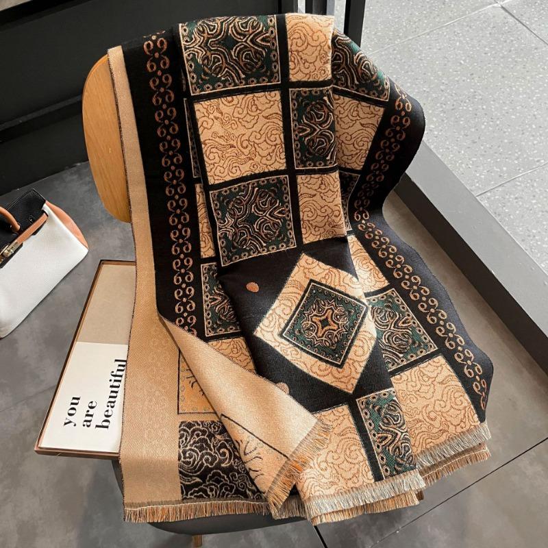 Imitation cashmere scarf women's autumn and winter new retro totem shawl thickened warm loose beard scarf