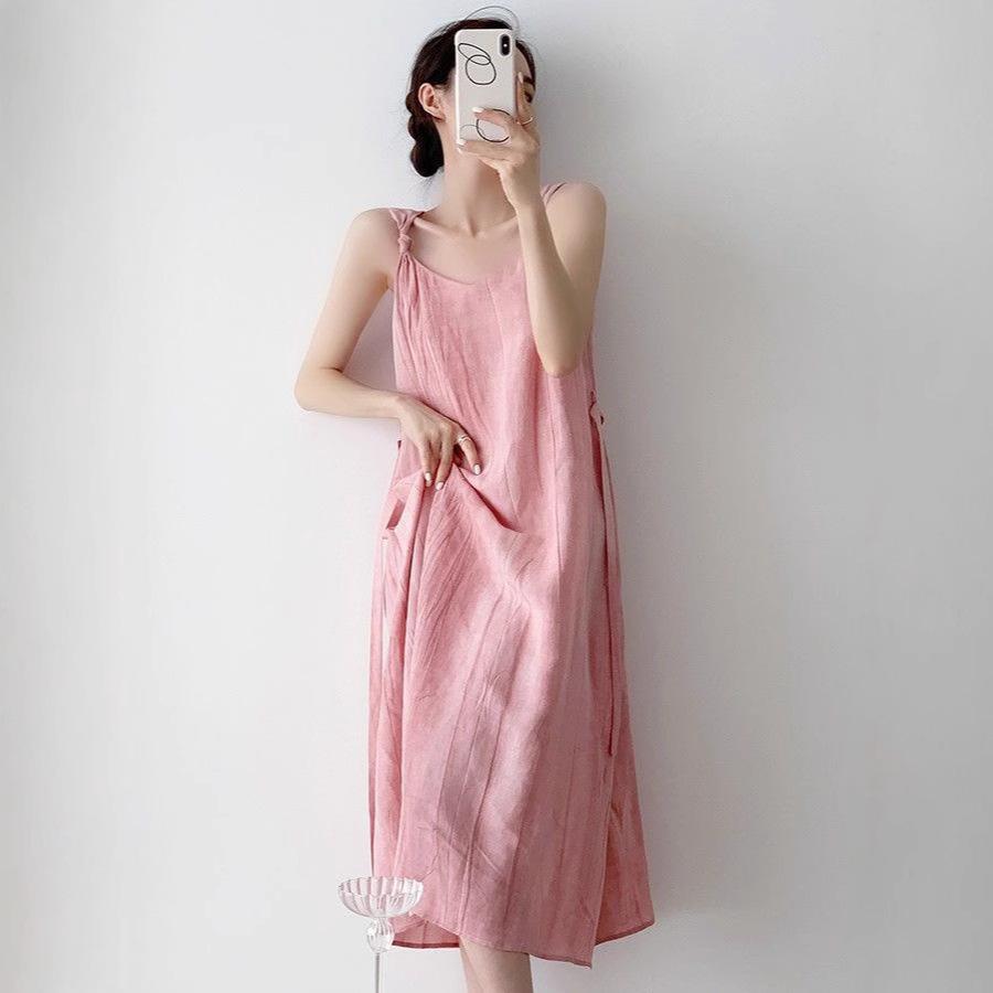Women's French Retro Off-Shoulder Pink Tie-Dye Camisole Dress for Summer Vacations