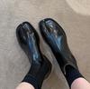 Retro Split Toe Ankle Boots Woman Shiny Matte Leather Shoes Tabi Ninja Chelsea Low Heels Trotters Booties Winter