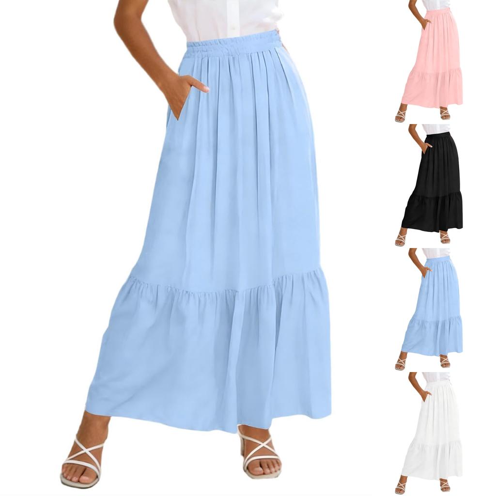 Damen Maxirock mit hoher Taille und Taschen, Faltenrock, lockere Passform, mehrlagig, lang, leichte, lässige Passform
