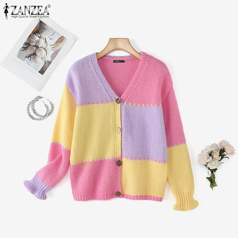 

ZANZEA Spring Women Casual Long Sleeve Splicing Knitted Sweaters Cardigans XL жёлтый