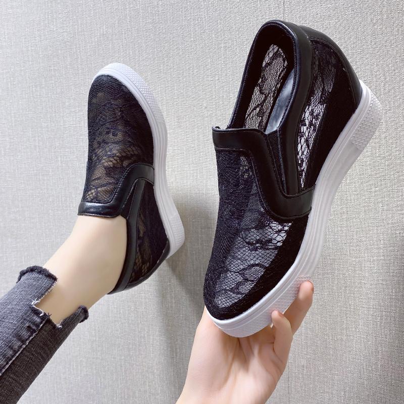Women Wedge Platform Sneakers Rubber Leather High Heels Lace Up Shoes Pointed Toe Height Increasing Creepers White 2023