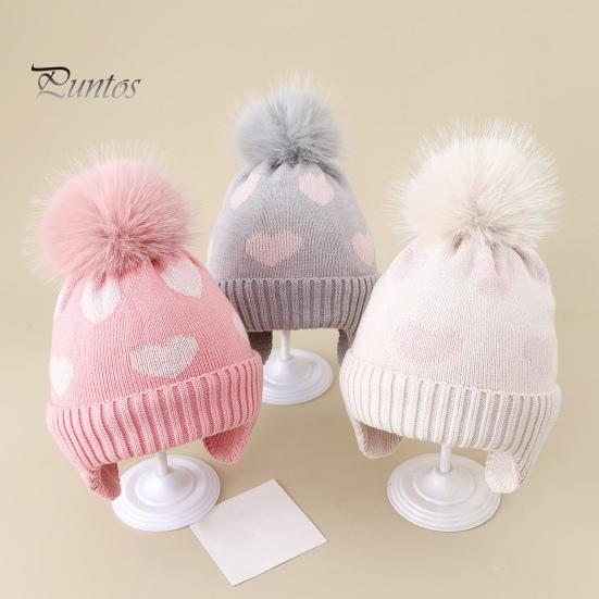 Elastic Ear Protection Cap Kids Winter Knit Hat, Warm Soft Cute Pompom Cozy Gift for Children Heart Pattern, Earflap Hat Boys Girls Toddlers Pom